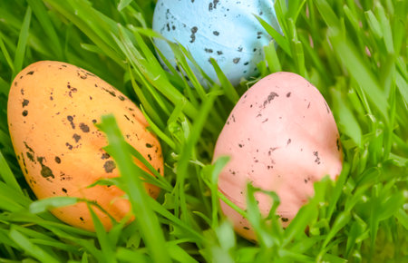 Easter eggs in the grass. In the green grass lie painted eggs for Easter. search for eggs in the grass at Easter. Festive traditions.の写真素材