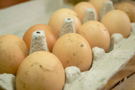 LOtok with eggs. An open tray with dirty eggs. eggs in the mud are not washed. Yellow domestic eggs.の写真素材