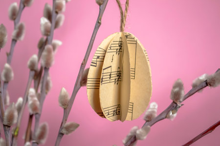 paper eggs hang on willow branches for Easter. DIY crafts bulky paper eggs as a toy on a twig. Decorations for the house eggs made of paper for Easter.の写真素材