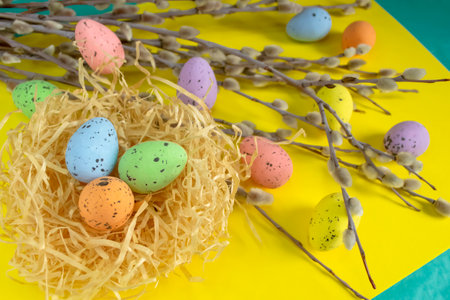 On a yellow background lies a nest with colored eggs and willow branches. Composition for Easter. Painted quail eggs on a yellow background in the nest are Easter food.の写真素材