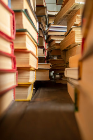 Rows of books on a wooden floor. Many textbooks in one place are stacked. A lot of books are stacked. A passage between rows of old books.の写真素材