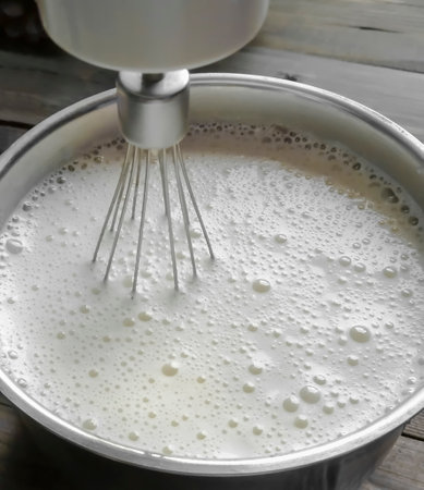 Whisk in a bowl with pancake dough. liquid pancake dough with superzu bubbles. Mixing the liquid dough with a whisk.の写真素材