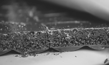 Large bubbles of dark chocolate up close. Porous chocolate is a place of fracture. Pieces of porous chocolate shooting up close.の写真素材