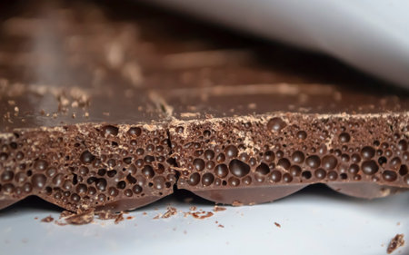 Large bubbles of dark chocolate up close. Porous chocolate is a place of fracture. Pieces of porous chocolate shooting up close.の写真素材