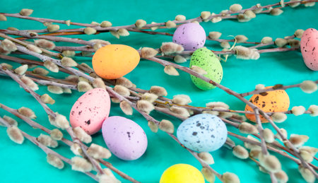 Among the young branches lie Easter eggs. On a blue background there are many Easter eggs and willow branches. Quail eggs at Easter.の写真素材