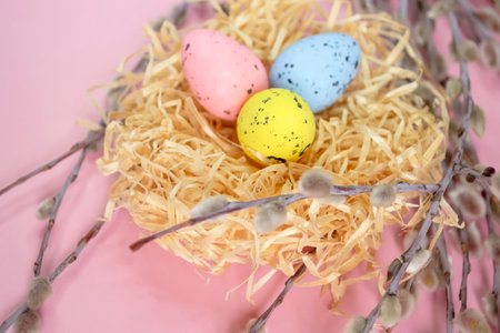 Decorations for Easter. On a pink background lie willow branches and a nest with Easter eggs. Colored eggs in a nest on willow branches.の写真素材