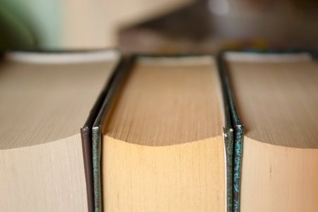 Book stubs up close. Books stand tightly with each other on the shelf. Closed macro workbooks.