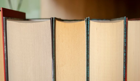 Book stubs up close. Closed macro workbooks. Books stand tightly with each other on the shelf.の写真素材