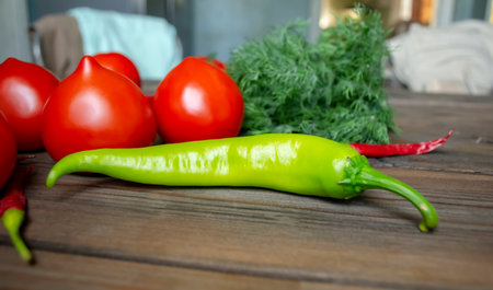 Healthy summer vegetables on a wooden table. chili pepper. tomatoes and dill on a wooden table. variety of vegetables.の写真素材