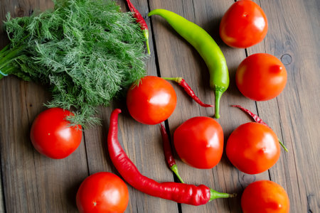 Healthy summer vegetables on a wooden table. chili pepper. tomatoes and dill on a wooden table. variety of vegetables.の写真素材