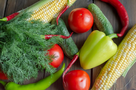 Healthy summer vegetables on a wooden table. tomatoes, hot peppers, bell peppers, cucumber and corn next to dill on a wooden table. vegetables for stew - healthy food.の写真素材
