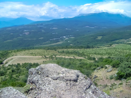 mountain view. high mountains go into the sky. Beautiful mountains with green trees. landscape in the mountains.の写真素材