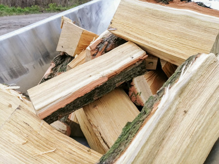 Firewood in a garden wheelbarrow. A lot of chopped wood for heating the house. Firewood for heating the house in winter. transportation of firewood by garden wheelbarrow.の写真素材
