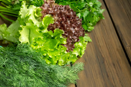 Bright spring greenery on a wooden table. Red lettuce, dill, parsley and green lettuce on a wooden table. Useful greens for salads. Bright colors.の写真素材