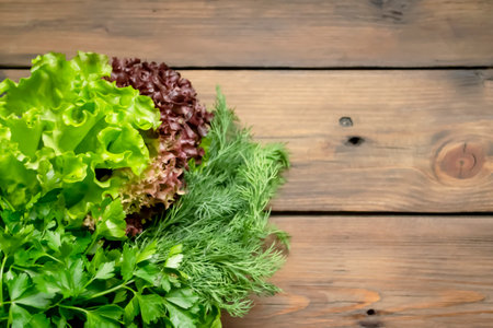 On the wooden table there are different types of delicious greens. Early spring - red and green lettuce, onions, dill, parsley for healthy dishes. A copy space among green products.の写真素材