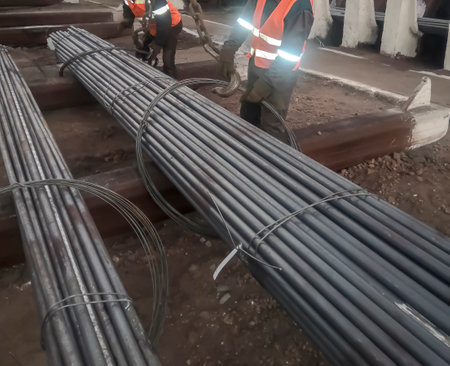 Binding metal with wire. Metal budding for shipment. metallurgy. Work at a foundry metallurgical plant. Loading a bundle of metal at a metallurgical plant.の写真素材