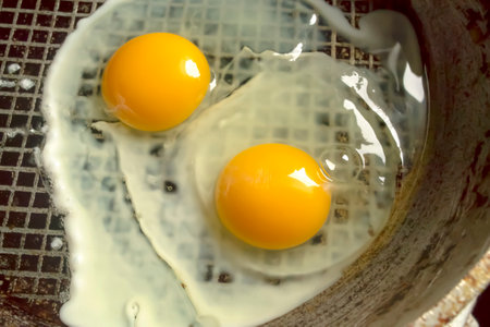 fried eggs. Eggs with yellow yolk are fried in a pan. Cooking eggs. Fried in a pan. Large, yellow yolks in scrambled eggs.の写真素材