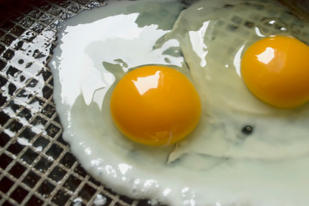 Fried eggs in a pan. A few fried eggs. fried eggs in a pan. Eggs with bright yolks. protein breakfast.の写真素材