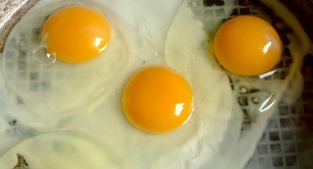 Fried eggs in a pan. protein breakfast. A few fried eggs. fried eggs in a pan. Eggs with bright yolks.の写真素材