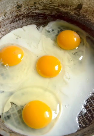 Fried eggs in a pan. A few fried eggs. fried eggs in a pan. Eggs with bright yolks. protein breakfast.の写真素材