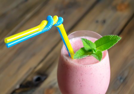 Strawberry cocktail in a glass with a straw and mint leaves. On a wooden table there is a glass with a strawberry cocktail, mint leaves. Yellow-blue straw for a cocktail.の写真素材