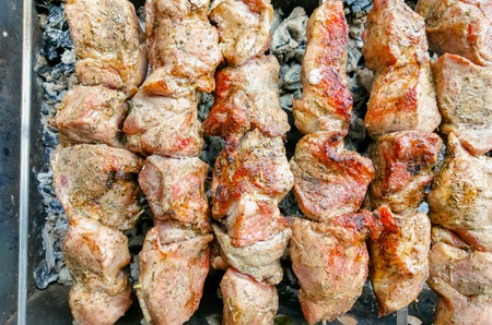 Pork kebab on the fire. Cooking pork kebab on skewers. Hot meat in the fresh air after frying. Meat on the fire - early spring.の写真素材