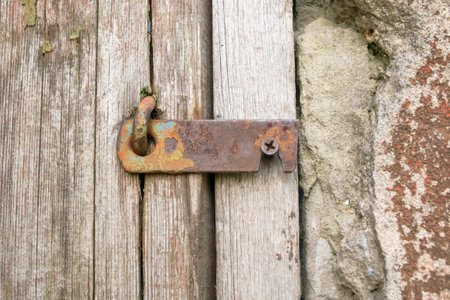 On the old door there is a metal hook for closing. Iron hook on the door.