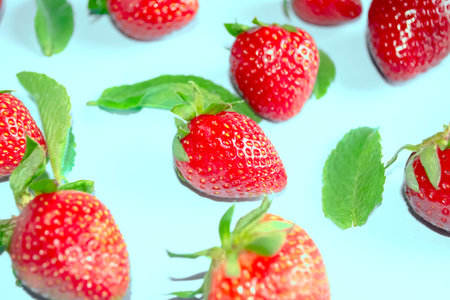 Strawberries with green leaves on a blue background. mint leaves and red strawberries. Fresh strawberries with fragrant mint leaves.の写真素材
