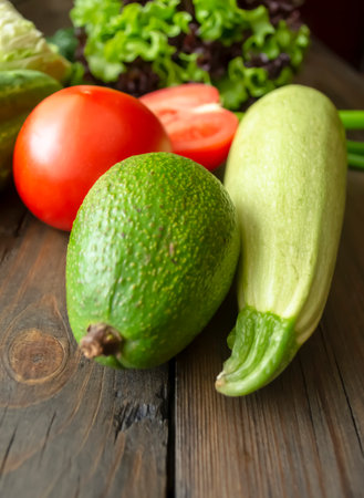 Healthy green and red vegetables on a wooden table. Red tomatoes next to green vegetables and herbs. Vegetarianism - delicious, healthy vegetables in the spring.の写真素材