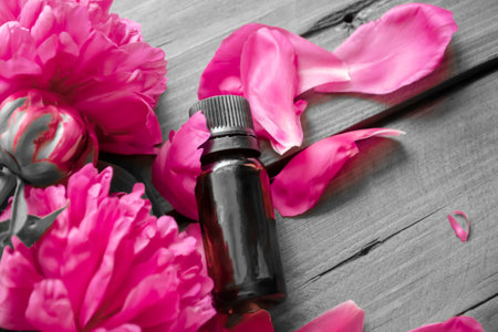 Peony essential oil. A bottle of essential oil lies on a wooden table next to peony flowers. Among the flowers and petals of the peony lies a bottle of essential oil.の写真素材