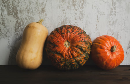 Autumn decorations - three decorative pumpkins against the background of old walls. Three pumpkins on the background of an old wall.の写真素材
