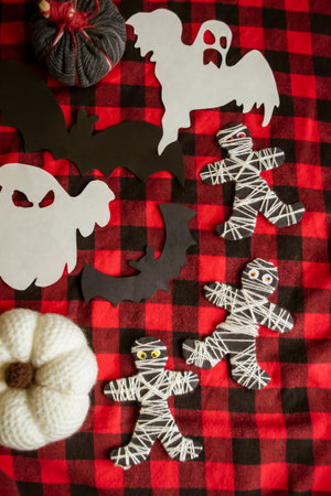 On a red plaid blanket crafts for Halloween. Ghosts, bats and pumpkins. DIY Halloween decorations made of paper.の写真素材