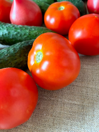 Red tomatoes with green cucumbers. Close-up - fresh vegetables. Summer vegetables - tomatoes and cucumbers.の写真素材