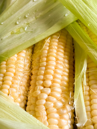 Cooking corn. drops of water on corn. Corn cobs in water are cooked. Young corn with leaves.の写真素材