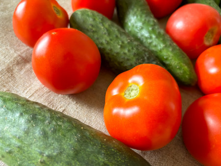 Red tomatoes with green cucumbers. Close-up - fresh vegetables. Summer vegetables - tomatoes and cucumbers.の写真素材