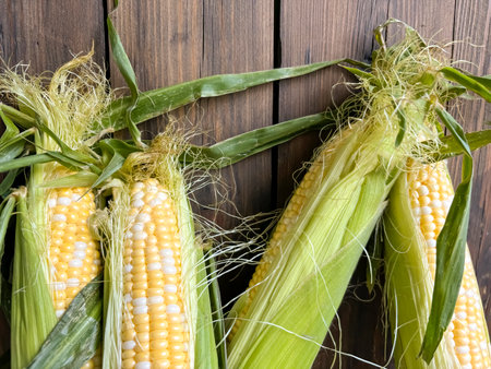 Yellow-white corn. Young ears of corn in green leaves. corn of the Raquel variety. Two-color corn.の写真素材