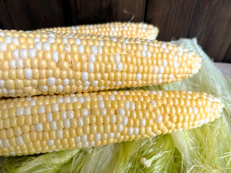 bicolor corn. The ears of corn are yellow-white. Corn variety squeegee.の写真素材