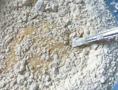 Kneading the dough. mixing batter with flour. flour on the dough.の写真素材