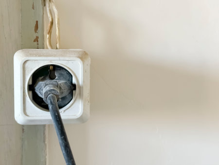Roshetka with a fork. Socket attached to the jamb. Black plug in white socket.の写真素材