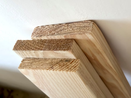 Wooden planks for construction. Three wooden planks. Top-down view of wooden boards.の写真素材