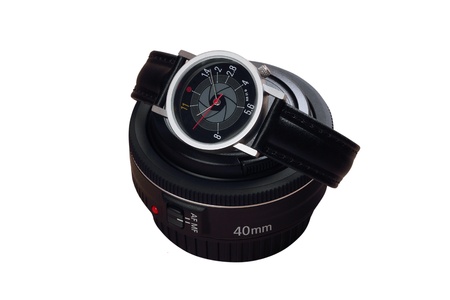Wristwatch styled photo theme set by the lens on a white backgroundの写真素材
