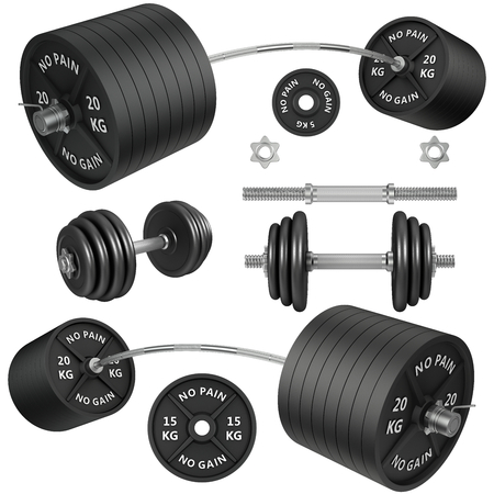 3D Studio shots of a metal barbells and weights isolated on white background. For GYM and fitness, shop etc.の写真素材