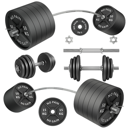 3D Studio shots of a metal barbells and weights isolated on white background. For GYM and fitnessの写真素材