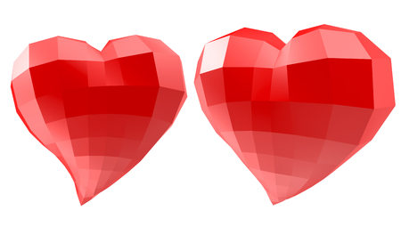Set of hearts with faceted low-poly geometry effect isolated on white backgroundの写真素材