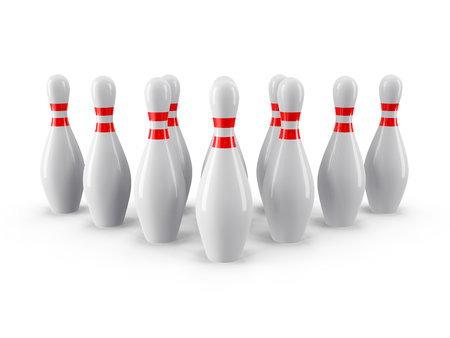 Group of Bowling Pins Isolated on White Background with shadow. 3D rendering. For  , advertising, wallpaper, print etc. Front view with perspectiveの写真素材