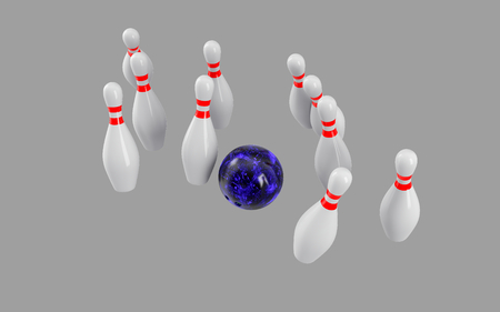 Bowling Ball crashing into the pins isolated on grey background. Without shadow. Perspective view. For icon , advertising, wallpaper, print etc.の写真素材