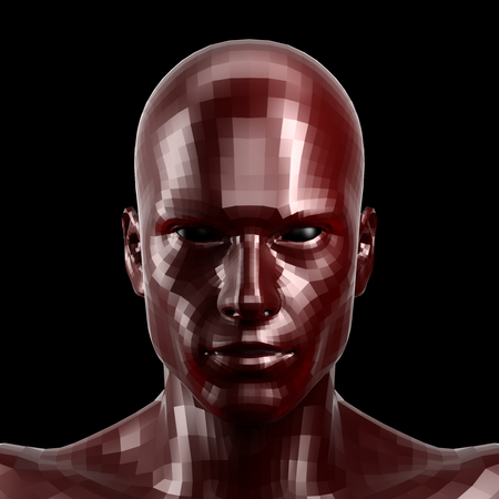 3D rendering. Faceted red robot face with black eyes looking front on camera.の写真素材