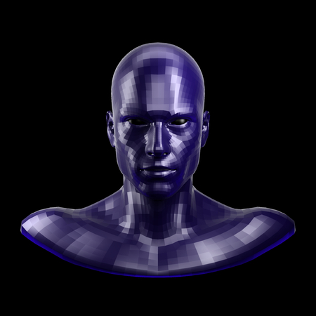 3D rendering. Faceted blue robot face with black eyes looking front on camera.の写真素材