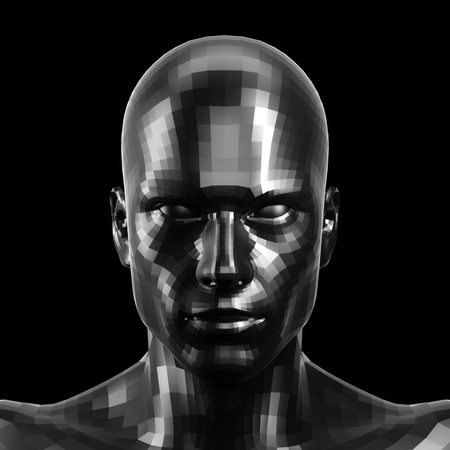 3D rendering. Faceted black robot face with black eyes looking front on camera.の写真素材