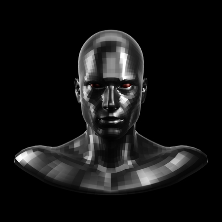 3D rendering. Faceted black robot face with red eyes looking front on camera.の写真素材